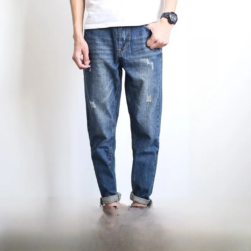 

Мужские джинсы Slim Fit в японском стиле, синие, с эффектом потертости, длинные, с высокой посадкой, прямые, модные, повседневные