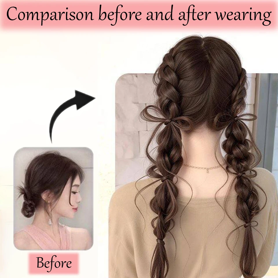 

2PCS Braided Bow Twists Braids Ponytail Extensions Wig Synthetic Bubble Braids with Hair Tie For Women Daily Party Christmas Use
