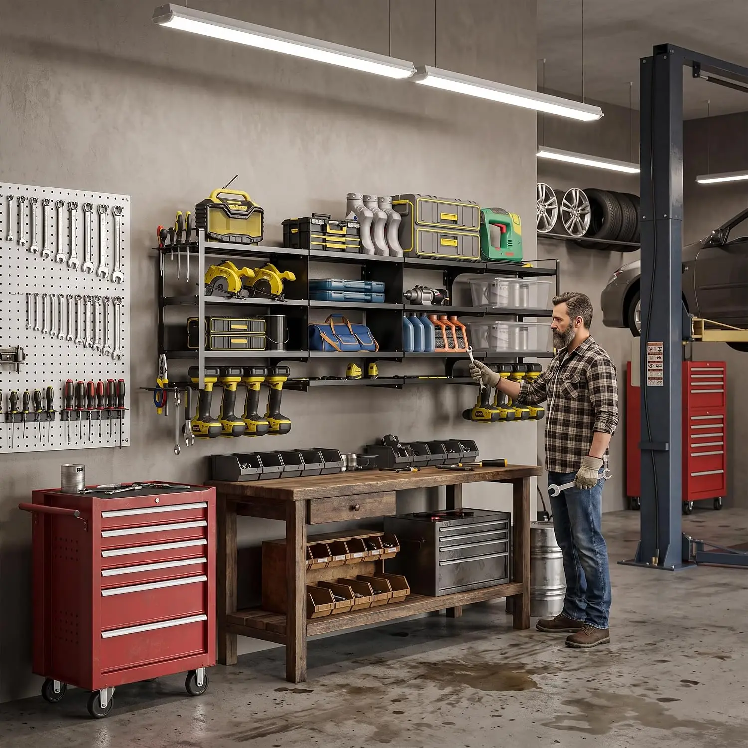 Large Power Tool Organizer Wall Mount Heavy Duty 67 Inch 4-Tier 8 Drill Holder Tool Storage Battery Shelf for Workshop Shed Basement 16 Inch Stud 20 Min Setup