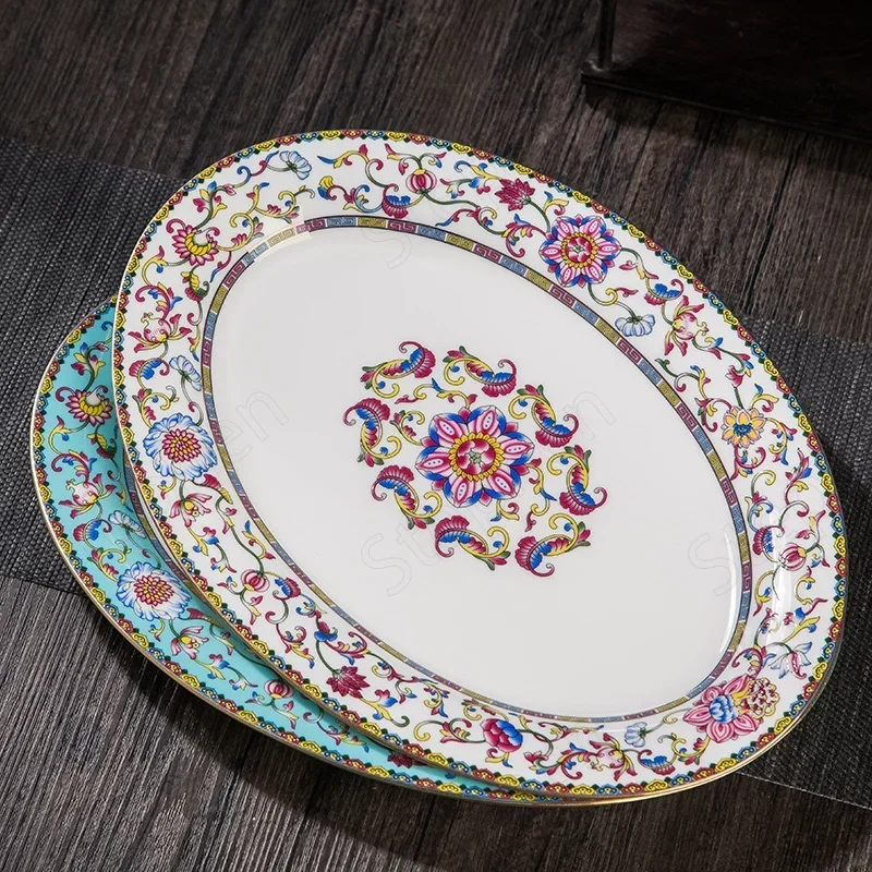 Gold Stroke Ceramic Fish Plate Chinese Retro Pastel Painted Decorative Plate Ornaments Tangled Flowers Bone China Dessert Dishes