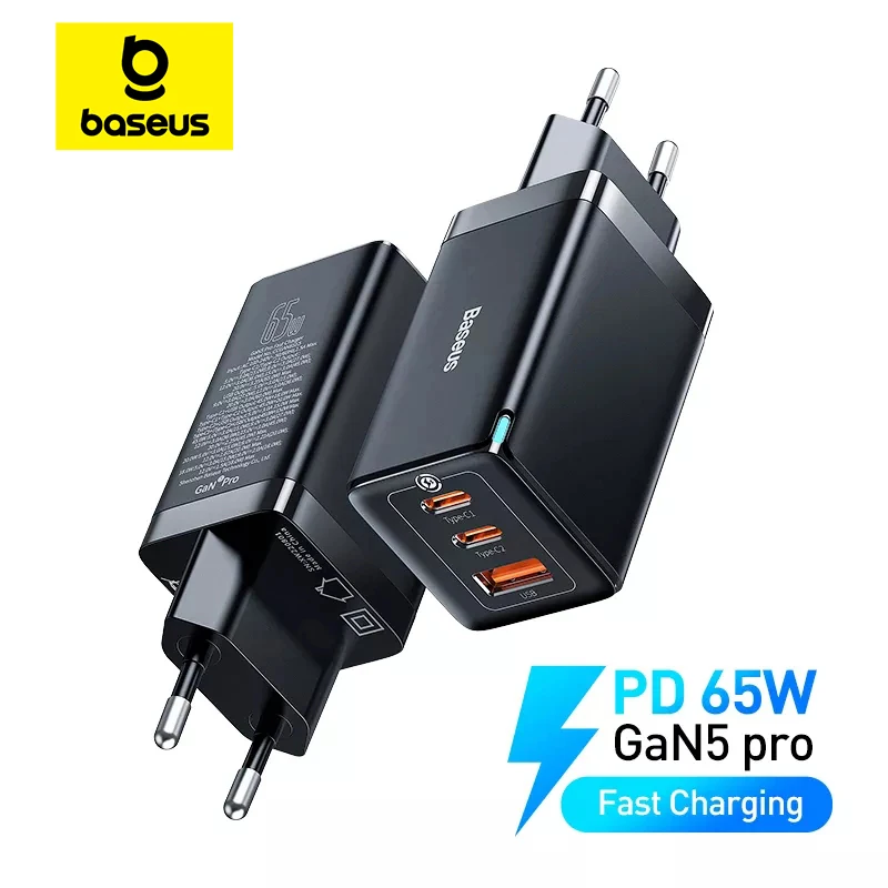 BASEUS ที่ชาร์จ GaN5 USB Type C 65W อะแดปเตอร์ที่อัปเกรดที่ชาร์จโทรศัพท์สำหรับ iPhone 15 14 13 QC3.0 PD ชาร์จเร็วสำหรับแล็ปท็อป Xiaomi