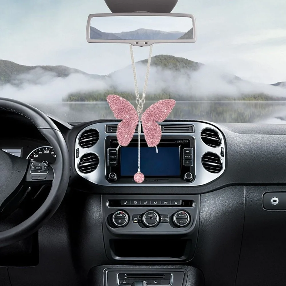 

Pink Bling Butterfly Pendant Car Rearview Mirror Auto Interior Decoration Car Pendant Diamond View Mirror Hanging Pendant Bag