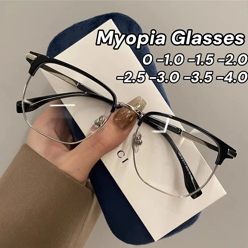 

Trendy Men's Half Frame Myopia Glasses Retro Ultra Light Near Sight Eyewear Blue Light Blocking Eye Protection Eyeglasses