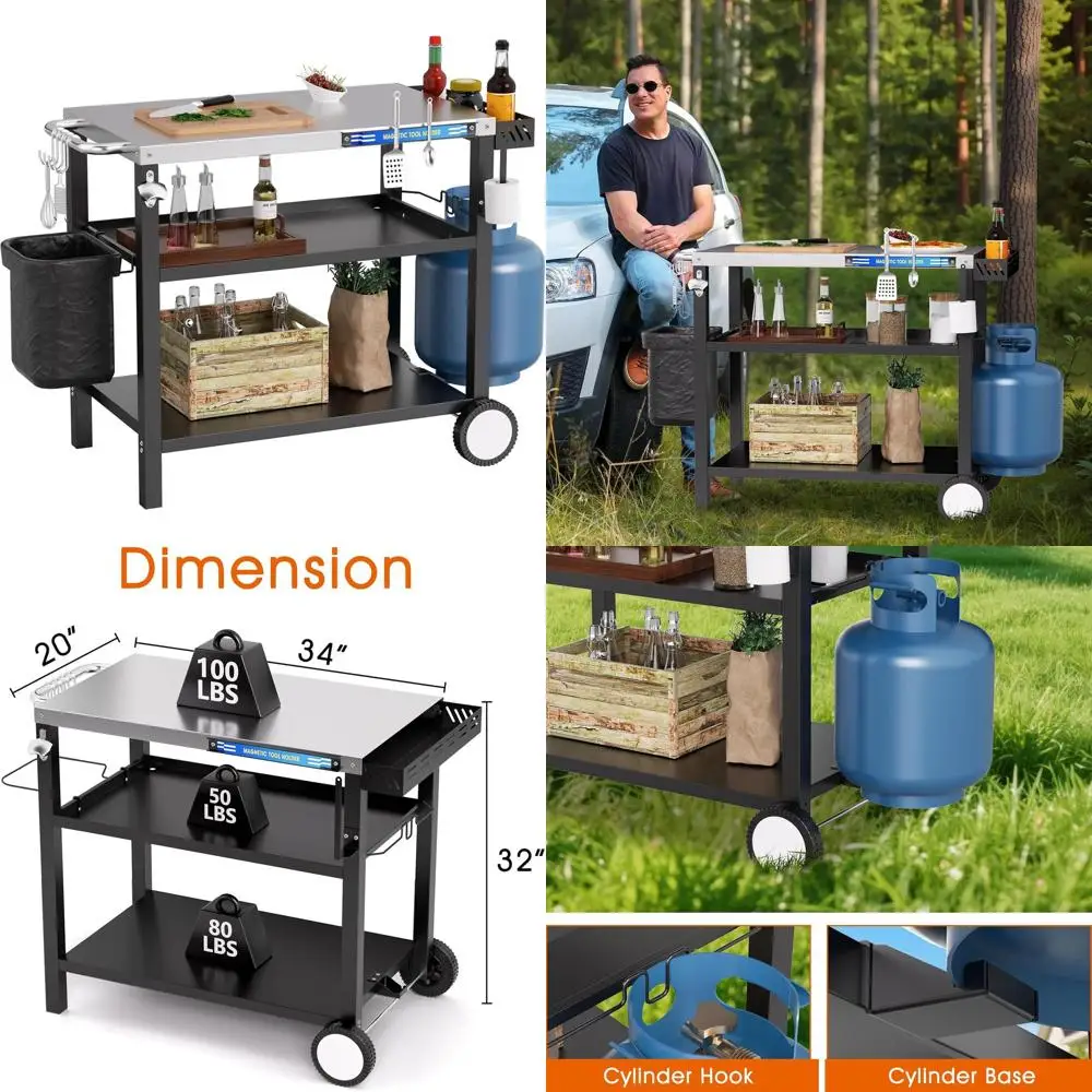 Tragbarer Outdoor-Grillwagen aus Edelstahl mit Pizzaofenständer, magnetischem Werkzeughalter, Rollen, Haken, Seitenschale und Griff