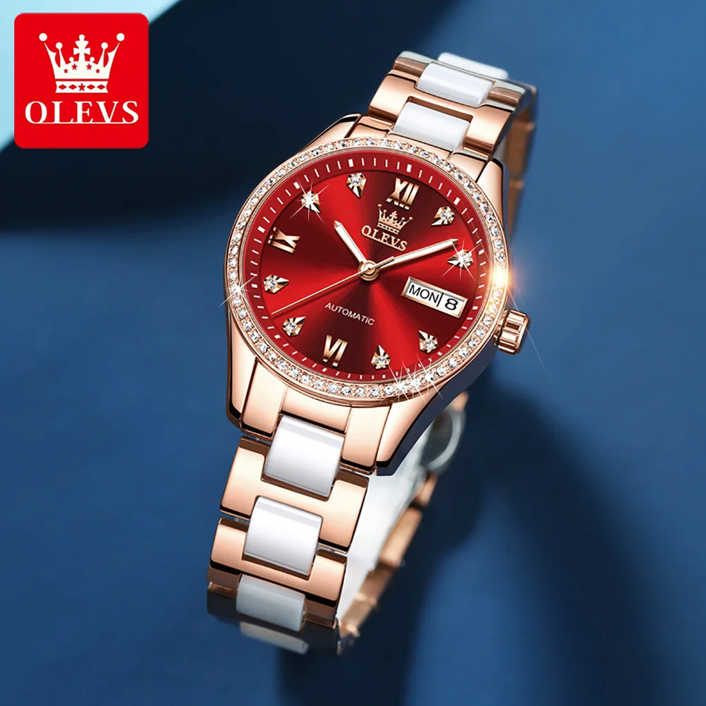 OLEVS 6637 Ladies Watch Elegant Luxury Ceramic Strap Luminous Date Week  Automatic Mechanical Women's Wristwatch