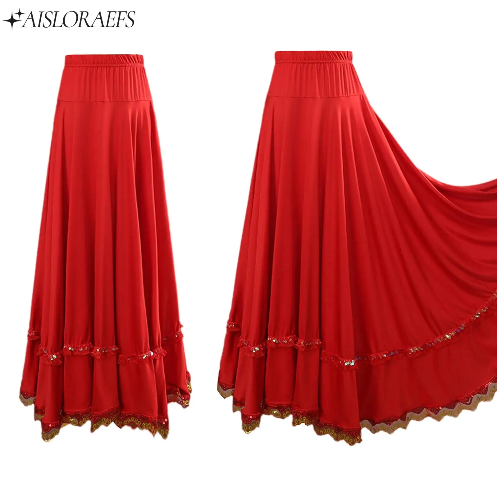 Gonne di flamenco spagnolo da donna Costumi di danza etnica da sala da ballo Gonna lunga a cerchio completo Gonna elastica a vita alta con volant in pizzo