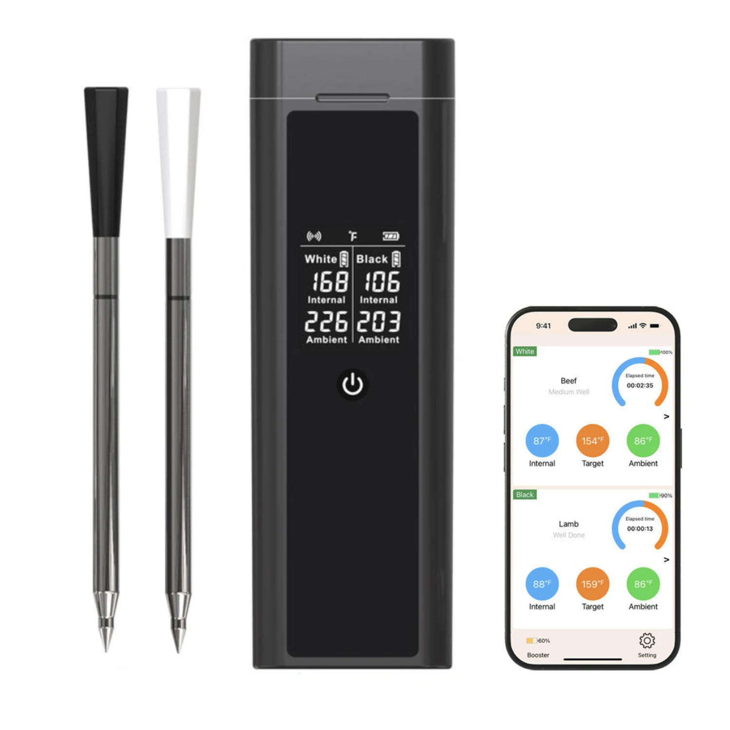 

Wireless Bluetooth Meat Thermometer 2 Ultra-Thin Probes Rechargeable Smart App LCD Display For BBQ Oven Smoker & Grilling