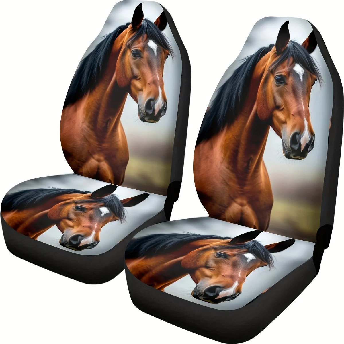 2pcs Car Seat Covers Front Seats - Chestnut Brown Horse Portrait Print, Easy Installation & Washable Non-Padded Cushion Protecto