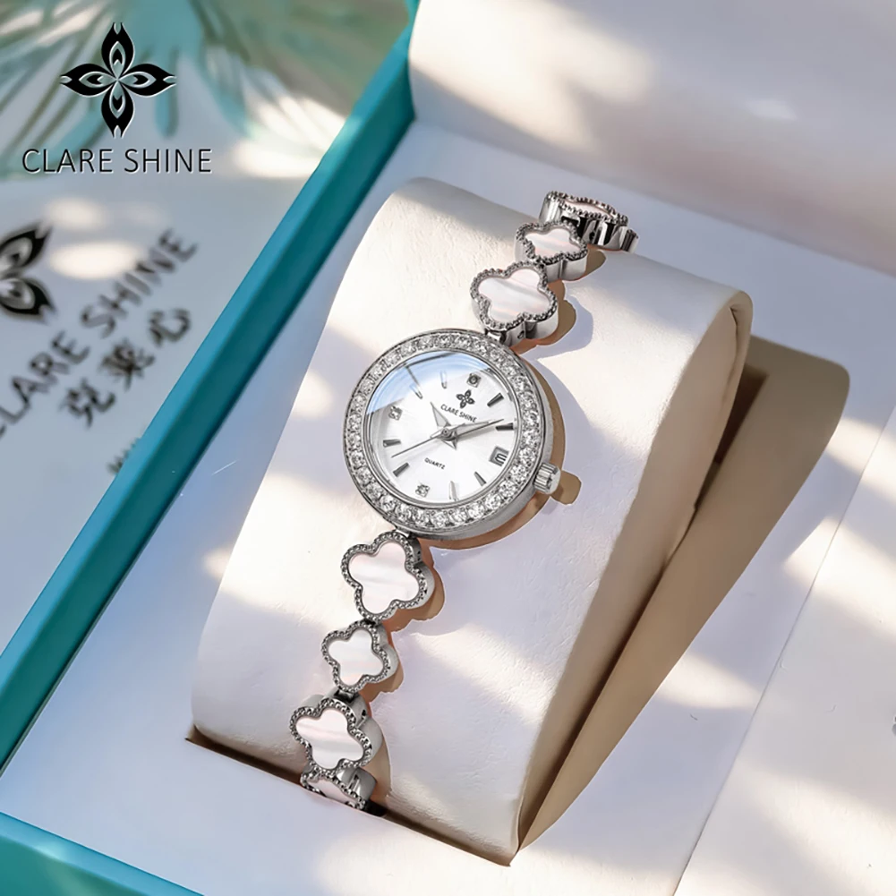 CLARE SHINE 7701 Woman Imported Quartz Movement Watch Steel Bracelet Waterproof Chain Date Elegance Round Dial Watches For Woman