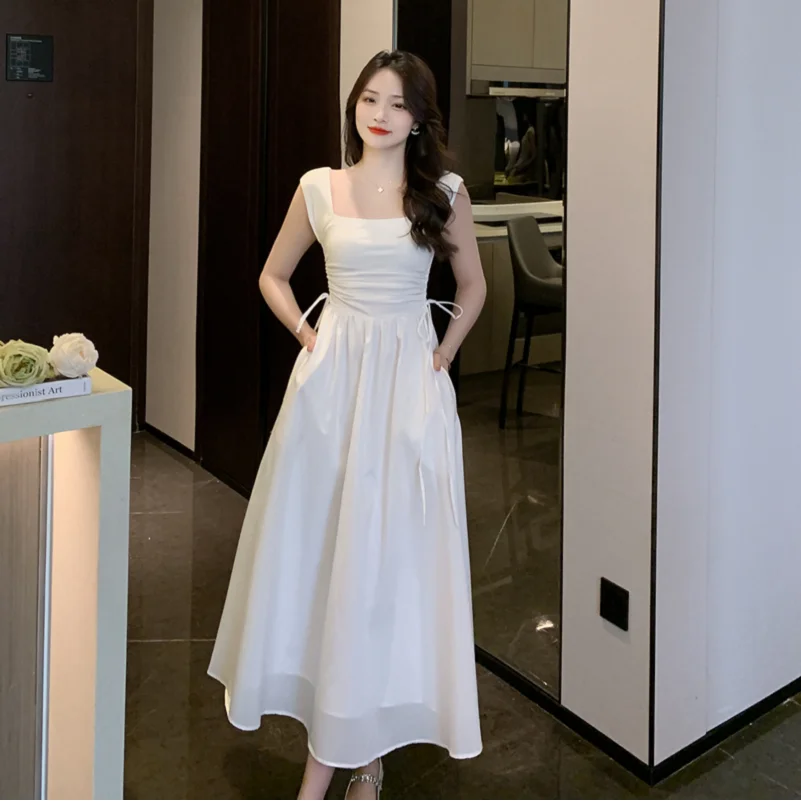 Blue Strapless Summer Dress Women's Square Collar Slimming Vacation Beautiful Long Dress French Style Drawstring Waist A-Line...