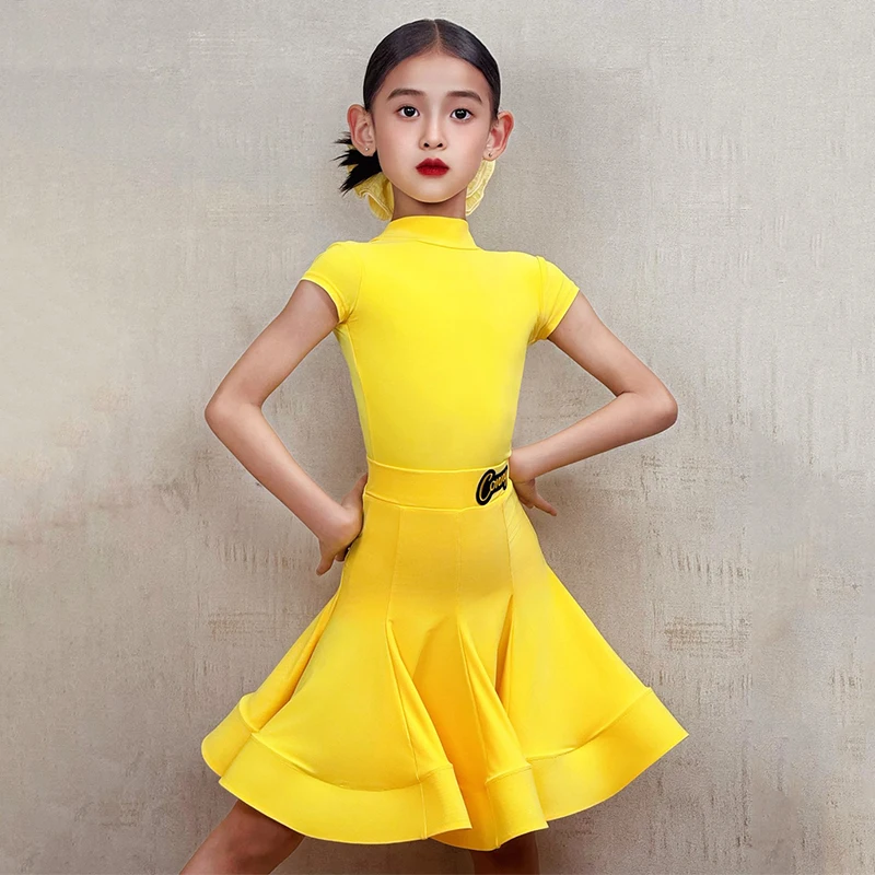 Latin Danswedstrijd Jurk Kinderen Latin Jurk Voor Stage Performance Korte Mouw Turnpakje Visgraat Rok Kinderen Dancewear 2099