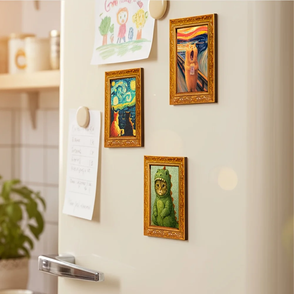 Art Cat Fridge Magnet, Van Gogh Starry Sky Cat Painting Magnet, Cute Home Decor for Kitchen,Fridge & Whiteboard，interesting gift