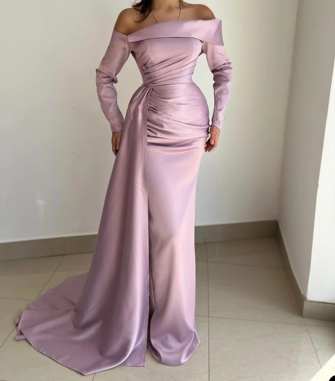 Real Picture Pink Simple Evening Dresses With Boat Neck Sweep Train Satin Prom Party Gowns Formal Full Sleeve Arabic Vestidos