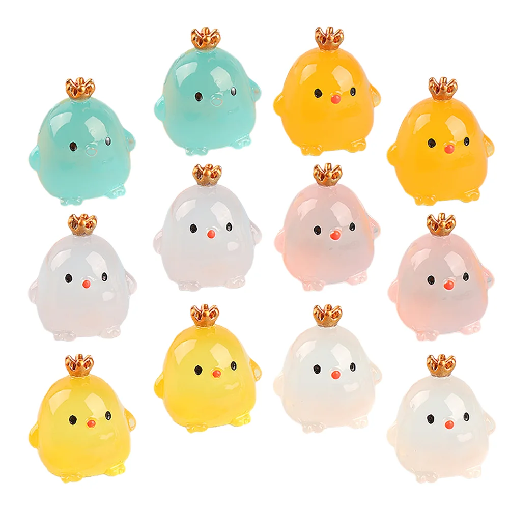 15pcs Mini Crown Chicks Decorations Luminous Cartoon Chickens Toys Resin Craft Mini Chickens Figurines