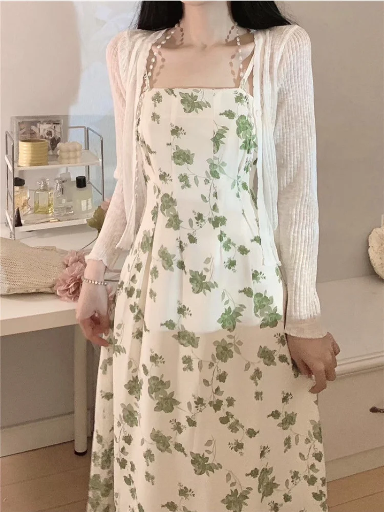 French Style Sets Women Gentle Cozy Chic Cardigan Print Vintage Midi Dress Elegant Streetwear Spring OL Aesthetic OOTD Outfits