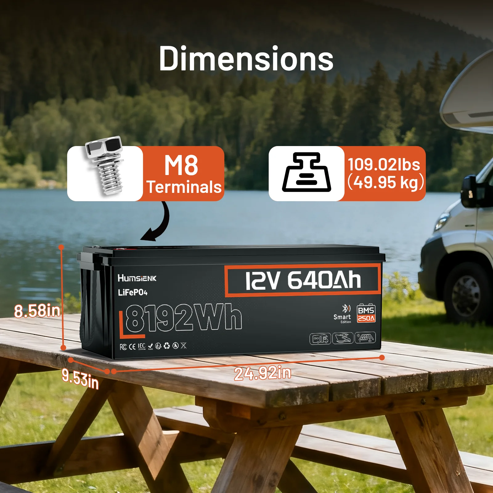 

Humsienk 12V 640Ah LiFePO4 Battery, Capacity 8192Wh, Built-in Bluetooth & 250A BMS, 15000 Deep Cycle, Low-Temp Protection For Fishing, Portable Power Station, Golf Cart, Boat, Camper, Marine, Trolling Motor, Off-Grid, Solar Energy Storage, 5-Year Warranty
