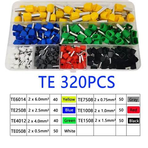 320/900PCS 박스형 TE 관형 이중 와이어 터미널, 절연 전기 와이어 코드 끝 압착 단자 커넥터,