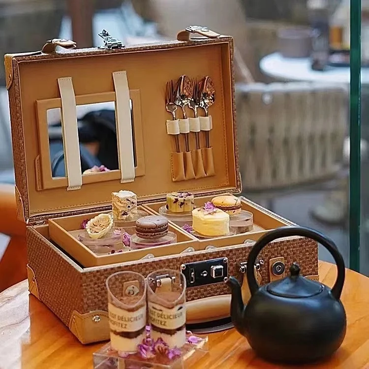 woven suitcase tableware storage box star afternoon tea dessert box retro double open pastry heart mousse display