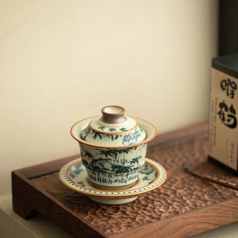 Imitation Song Ru Kiln Blue and White Dingfeng Wave Bamboo Shadow Cover Bowl Sancai Tea Bowl Household Ceramic Kung Fu Tea Bowl