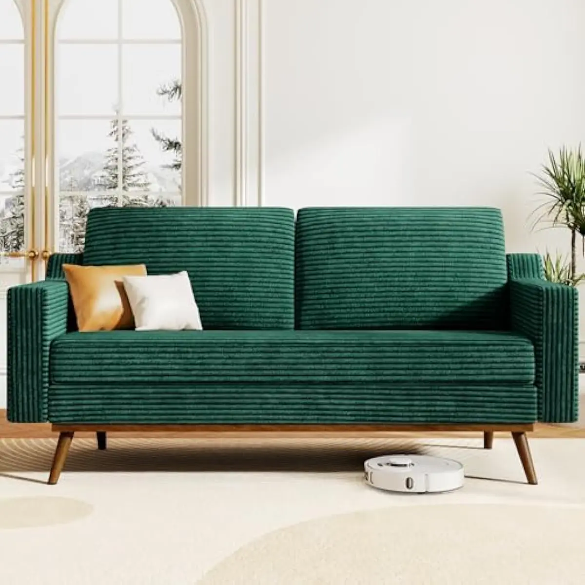 65.4 inch mid century loveseat in forest green corduroy fabric with deep 20.9 inch seat spring cushion support ergonomic armrest