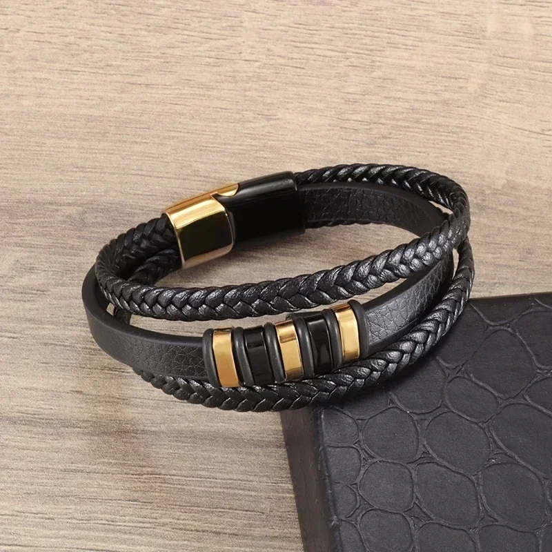 Fashion Design Multi-Layered Hand Woven Leather Bracelet Men Simple Magnetic Buckle Cuff Bangels Casual Party Wristband