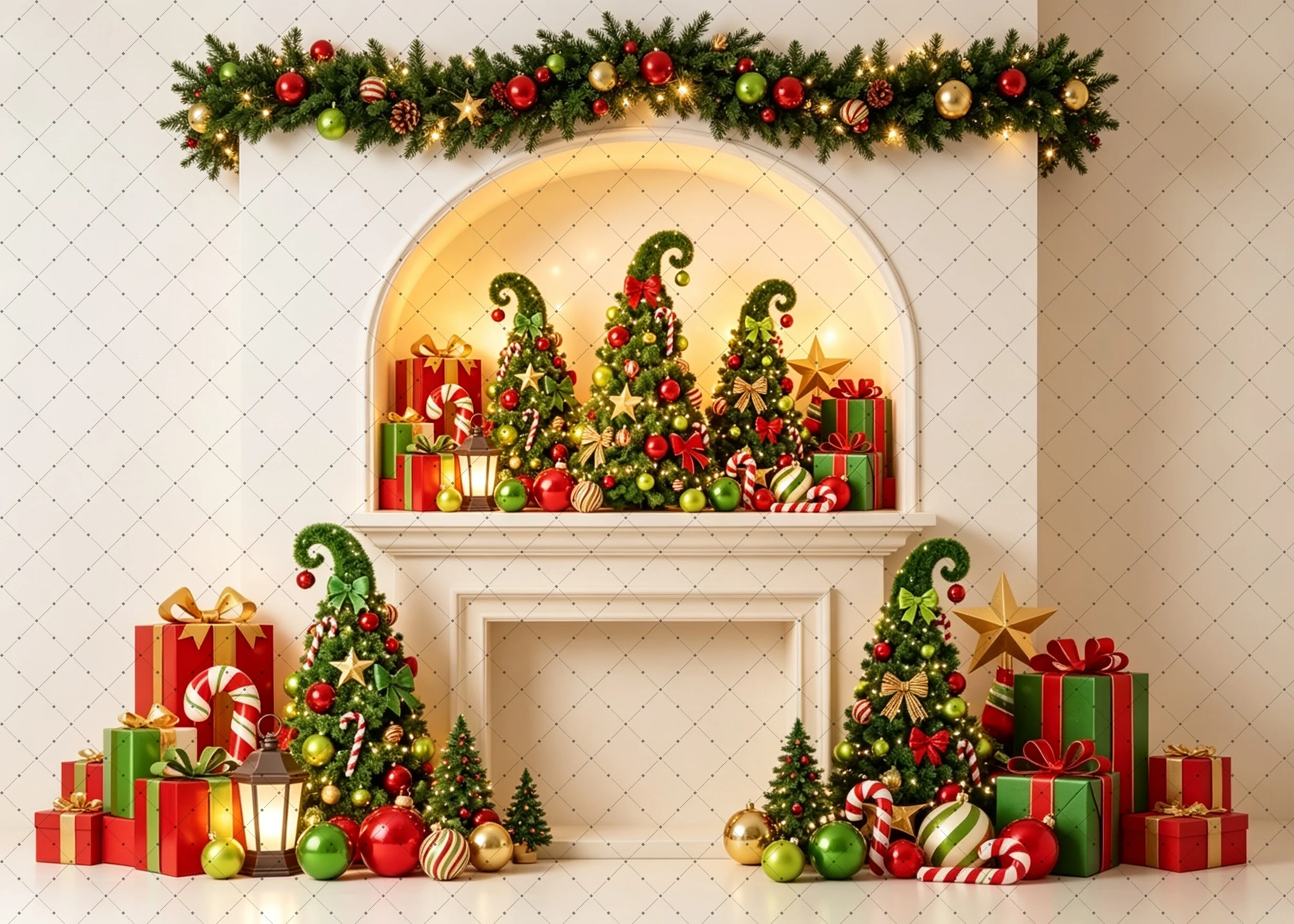 Christmas Photography Backdrop White Fireplace Curved Xmas Tree Candy Cane Gift Boxes Holiday Portrait Decor Photo Background