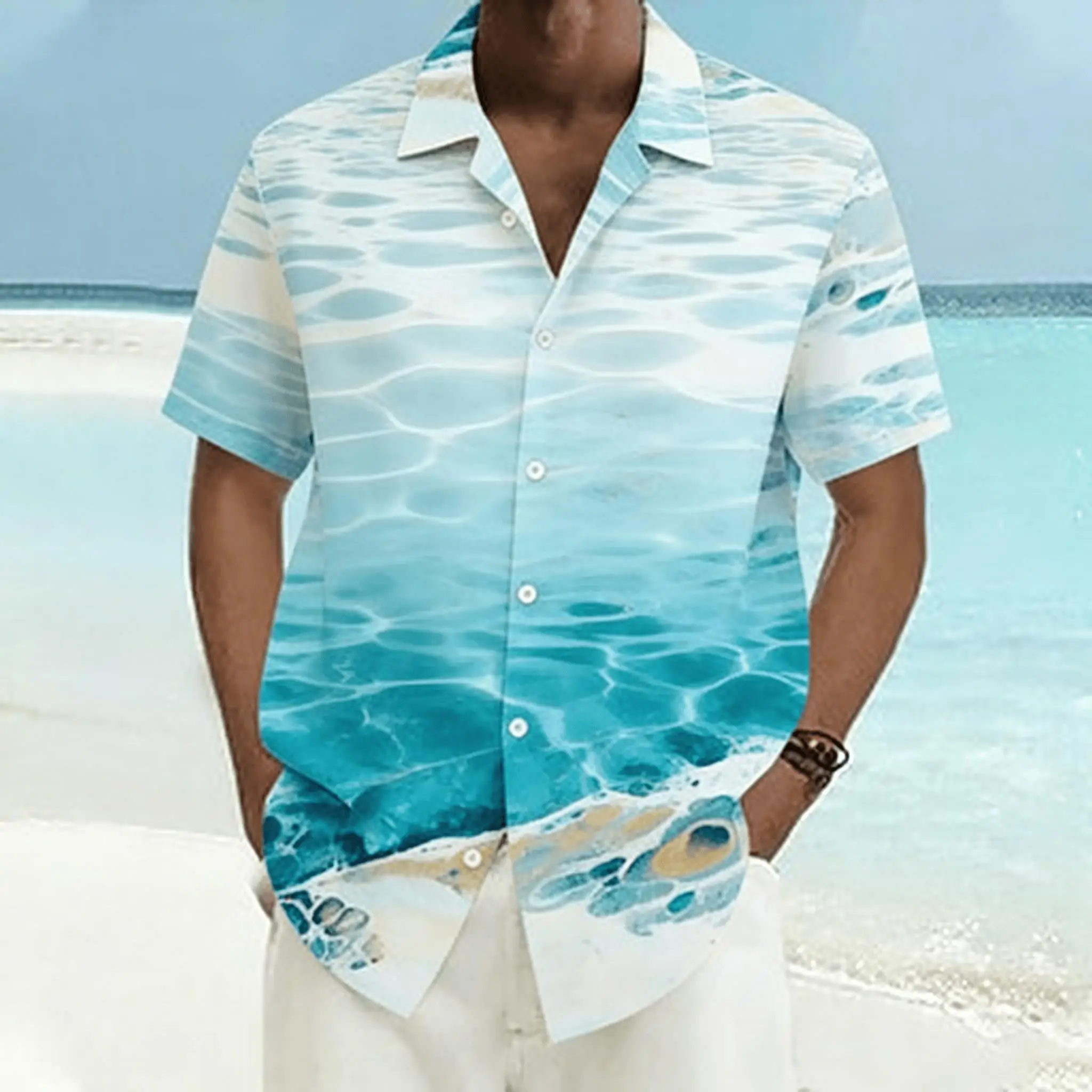 

Men's Spring Summer Beach Shirt, Clear Ocean Water Texture Print Short Sleeve Shirt, Casual Turn-Down Collar Button Down for Men