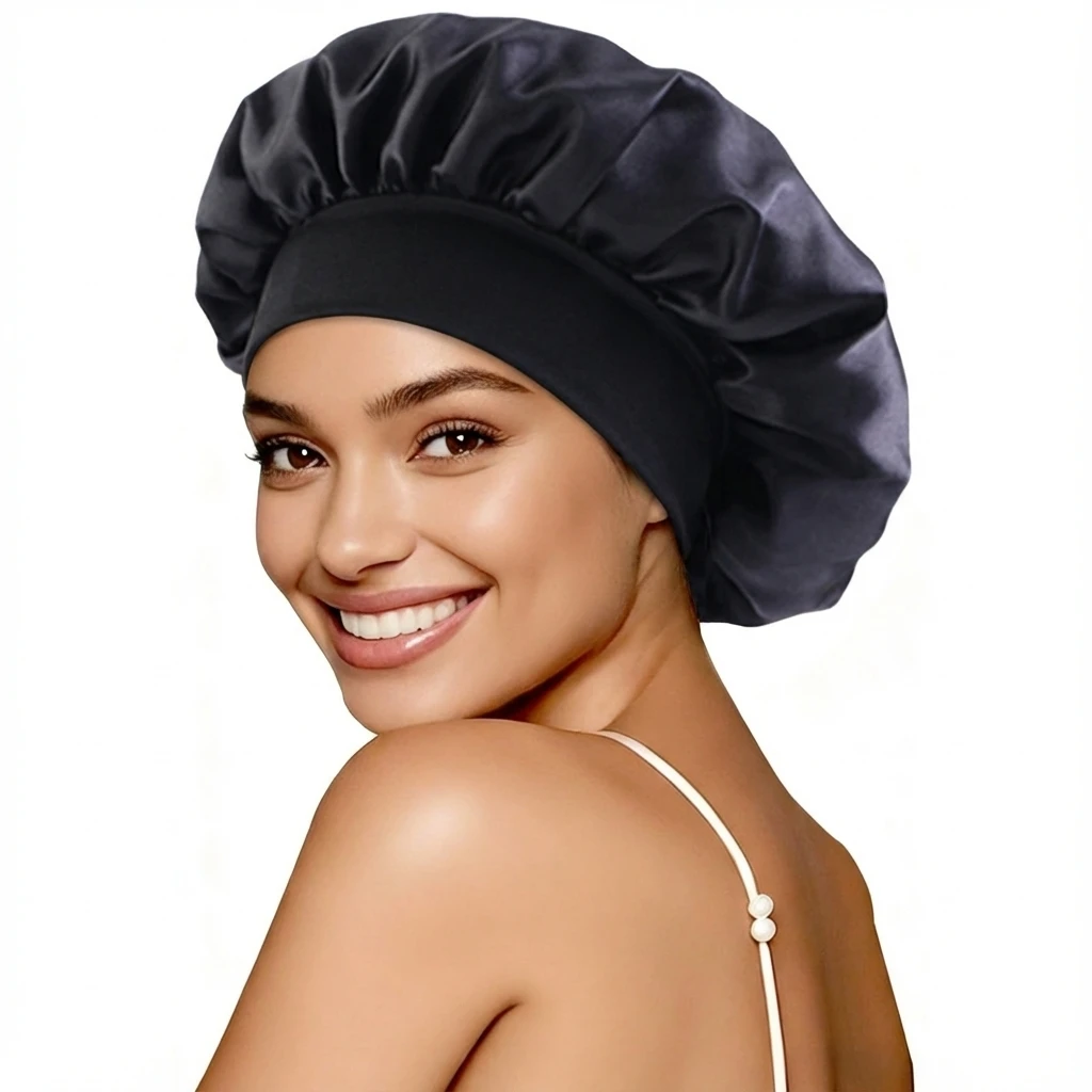 Neue Damen-Schlafmütze aus Satin in Uni-Farbe, atmungsaktiv und weich, Schlaf-Turban-Mütze für lockiges Haar. – Detail 7