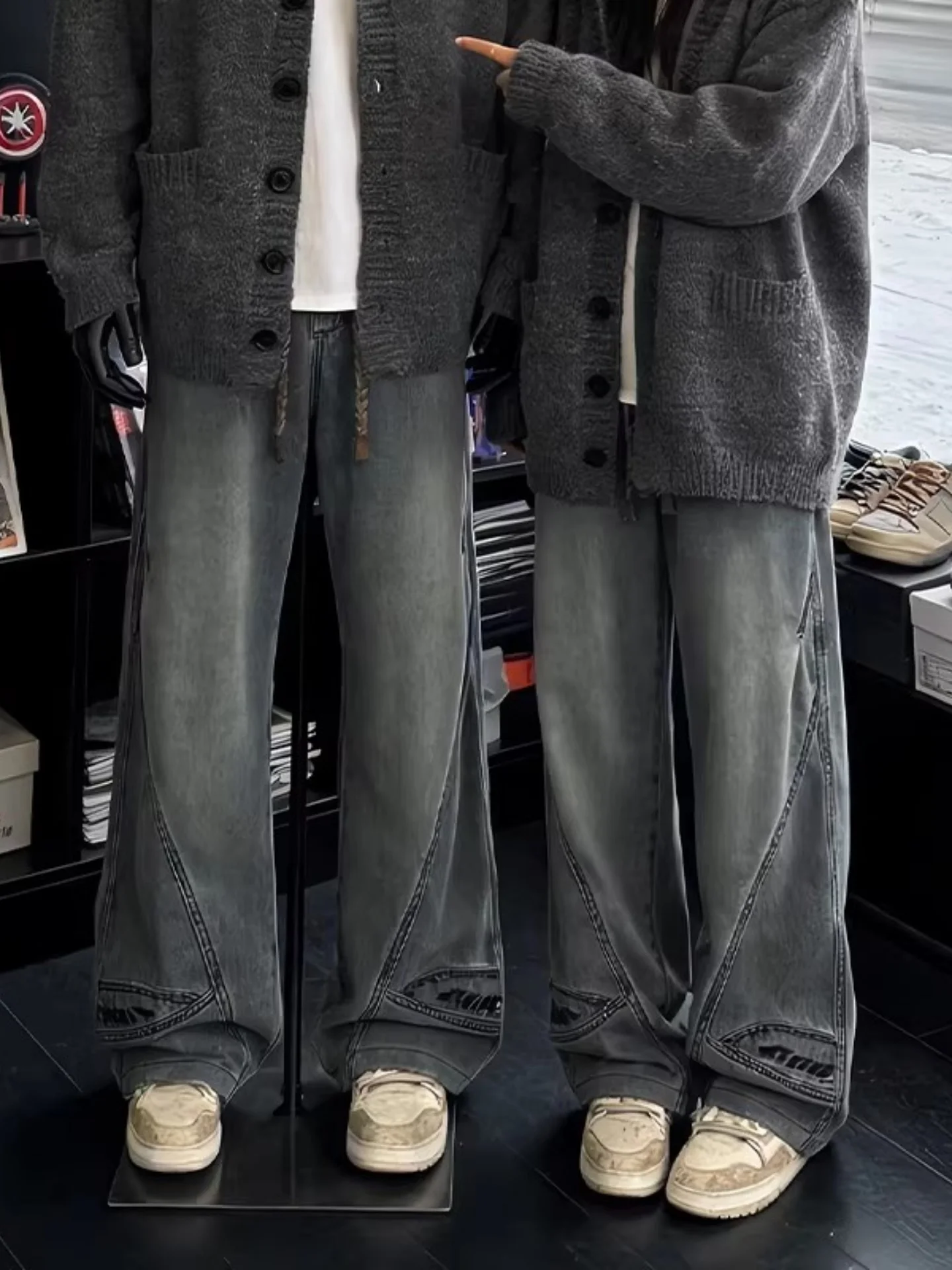 

Waed American High Street Men's Jeans Spring New Design Slanted Cut Embroidery Loose Straight Leg Wide Leg Pants