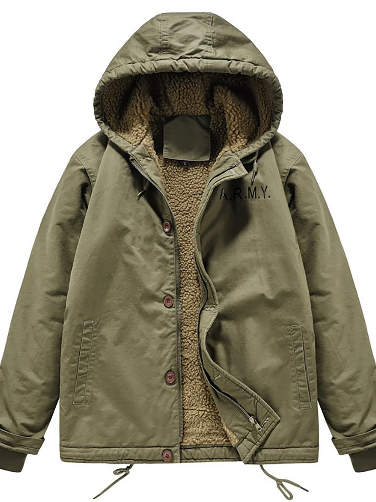 

Men's Winter Thiened Lamb Velvet Jaet American Workwear Cotton Coat with Hat Naval N Deing Coat Warm Faion Ci Sle