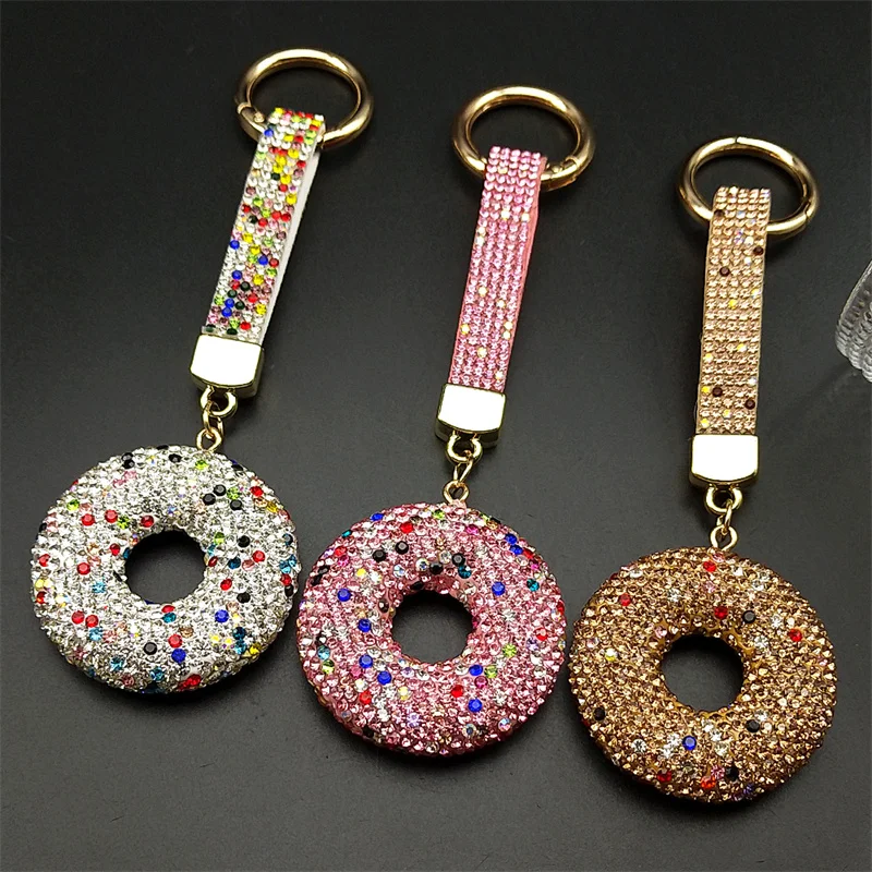 Sweet Pink Doughnut Keyring Women Men Full Rhinestone Crystal Blingbling Bag Charms Dessert Food Keyholder Jewelry Accessory