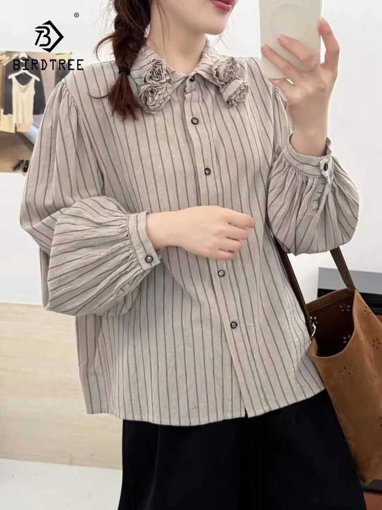 

Новинка 2025, осенняя хлопковая рубашка с длинным рукавом, женская свободная блузка с отложным воротником в полоску с 3D цветочным принтом, французская шикарная блузка Mori Girl T5O674CC