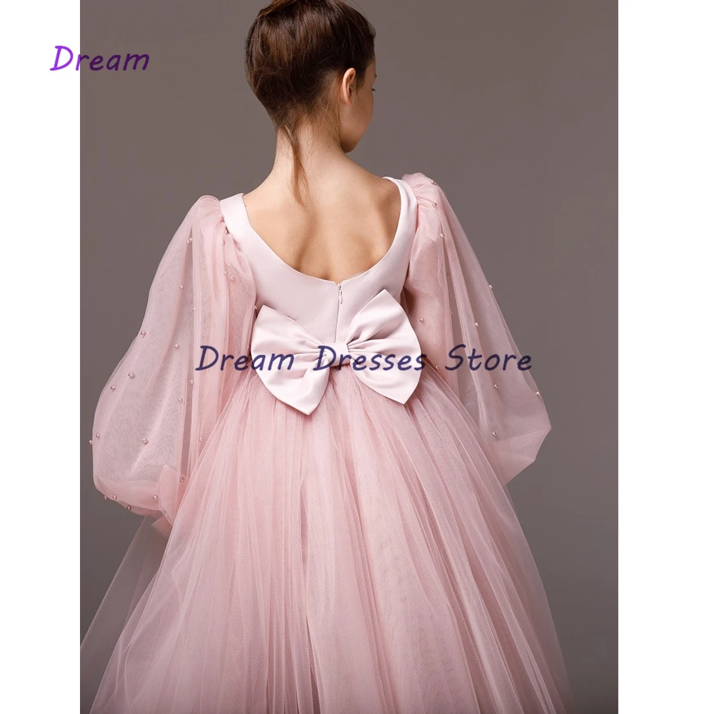 간단한 A 라인 푹신한 Tulle 꽃 소녀 가운 바닥 길이 전체 슬리브 새시 구슬 어린이 맞춤형 Платья для девочек-цве