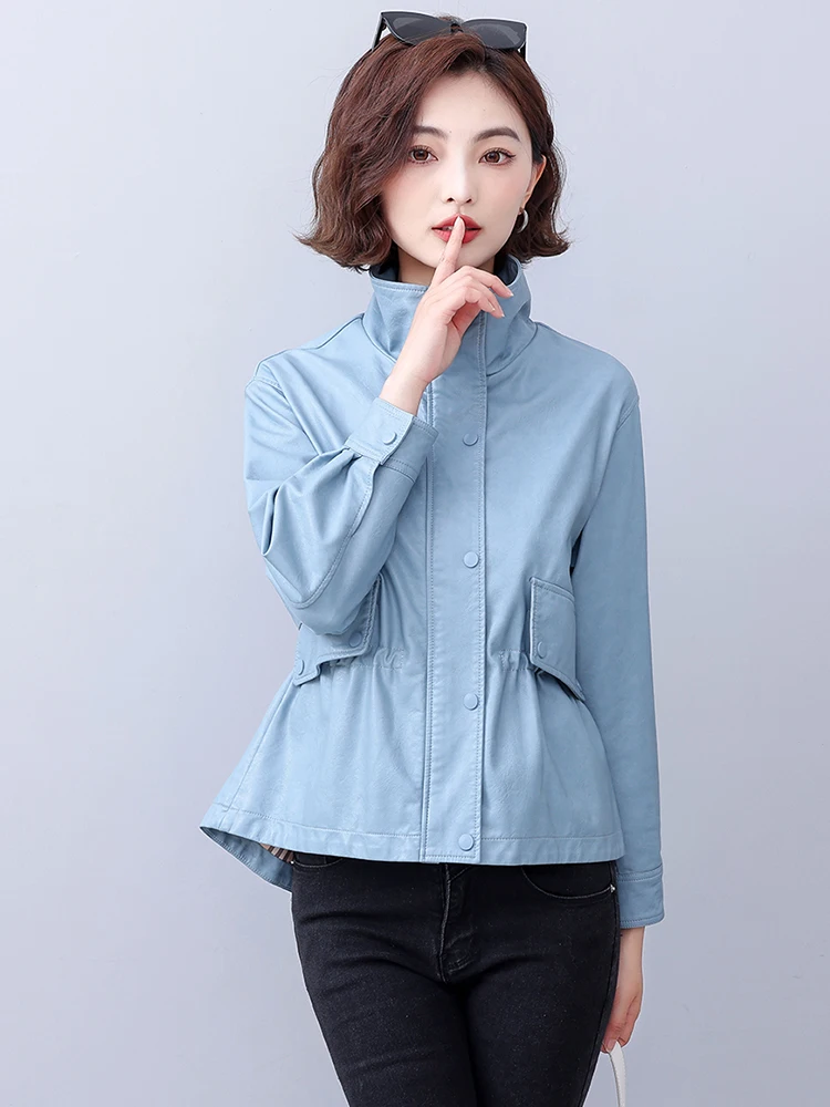 

Elegant Short Women's Leather Jacket 2026 Spring Autumn Waist-Cinching Loose Fit Premium Feel Commute Style Half-Matte