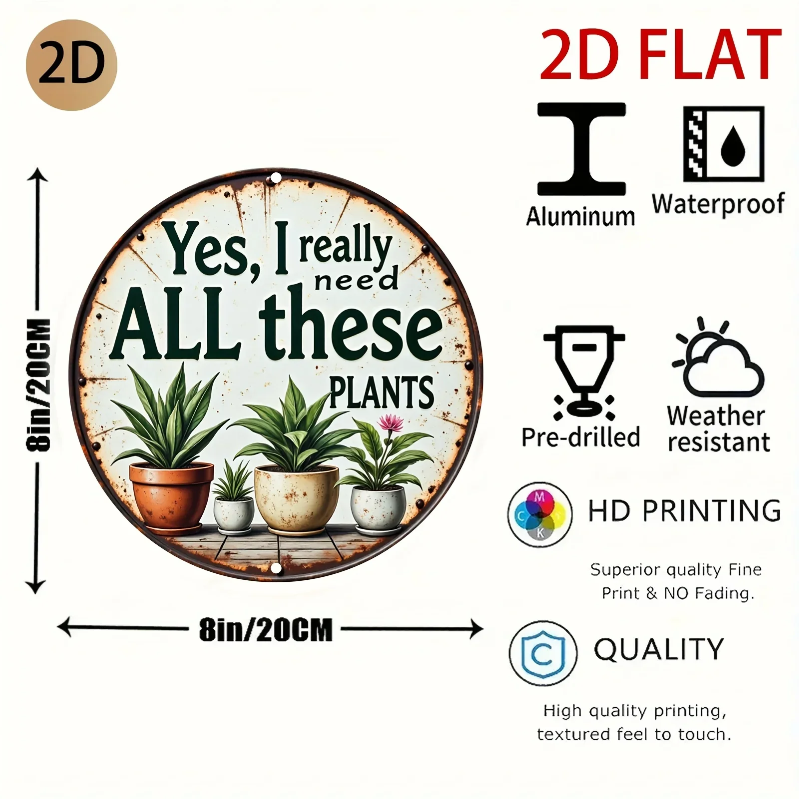 2D Flat Vintage-Style Tin Sign Featuring a Plant-Related Quote And Designs of Potted Plants, Perfect for Decorating