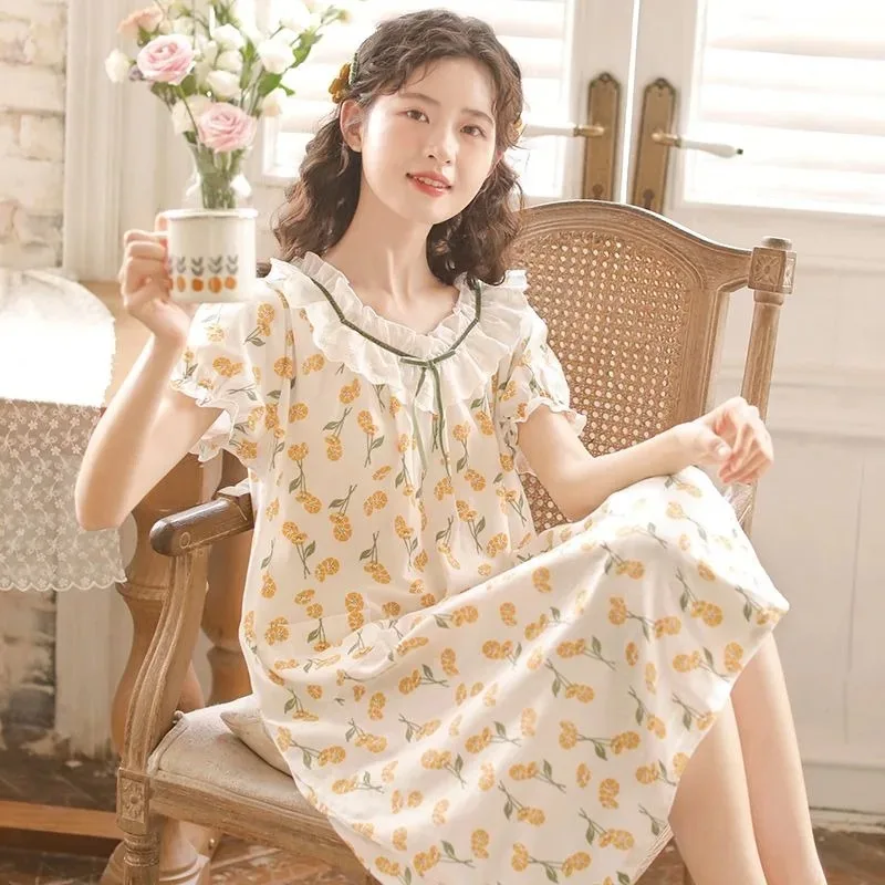 Pajamas Women Spring Summer New Homewear Cotton Short Sleeve Loose Nightdress V-Neck Sleepshirts Plus Size Falbala Loungewear