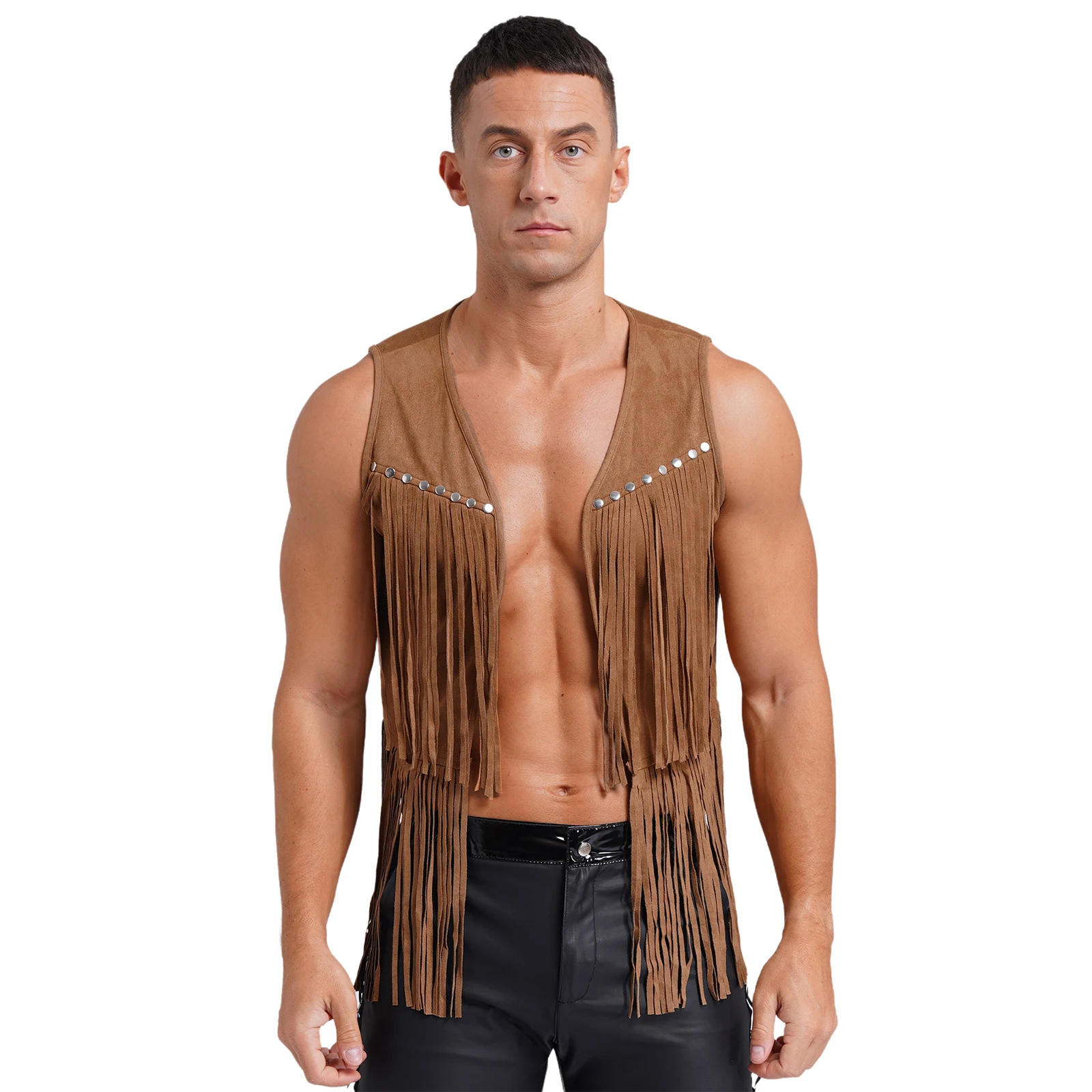 Mens Faux Suede Tassel Vest Coat Fashion Rivets Fringe Waistcoat Open Front Sleeveless Jacket Tops Punk Western Cowboy Costume