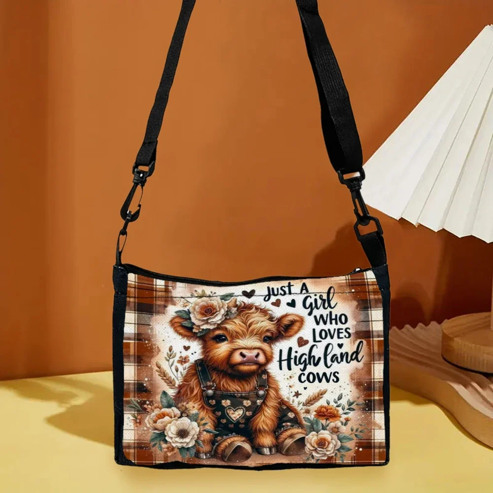 Highland Cow and Floral Pattern Crossbody Bag Polyester Fabric Handbag Cute High Quality Foldable Underarm Bag Adjustable Strap