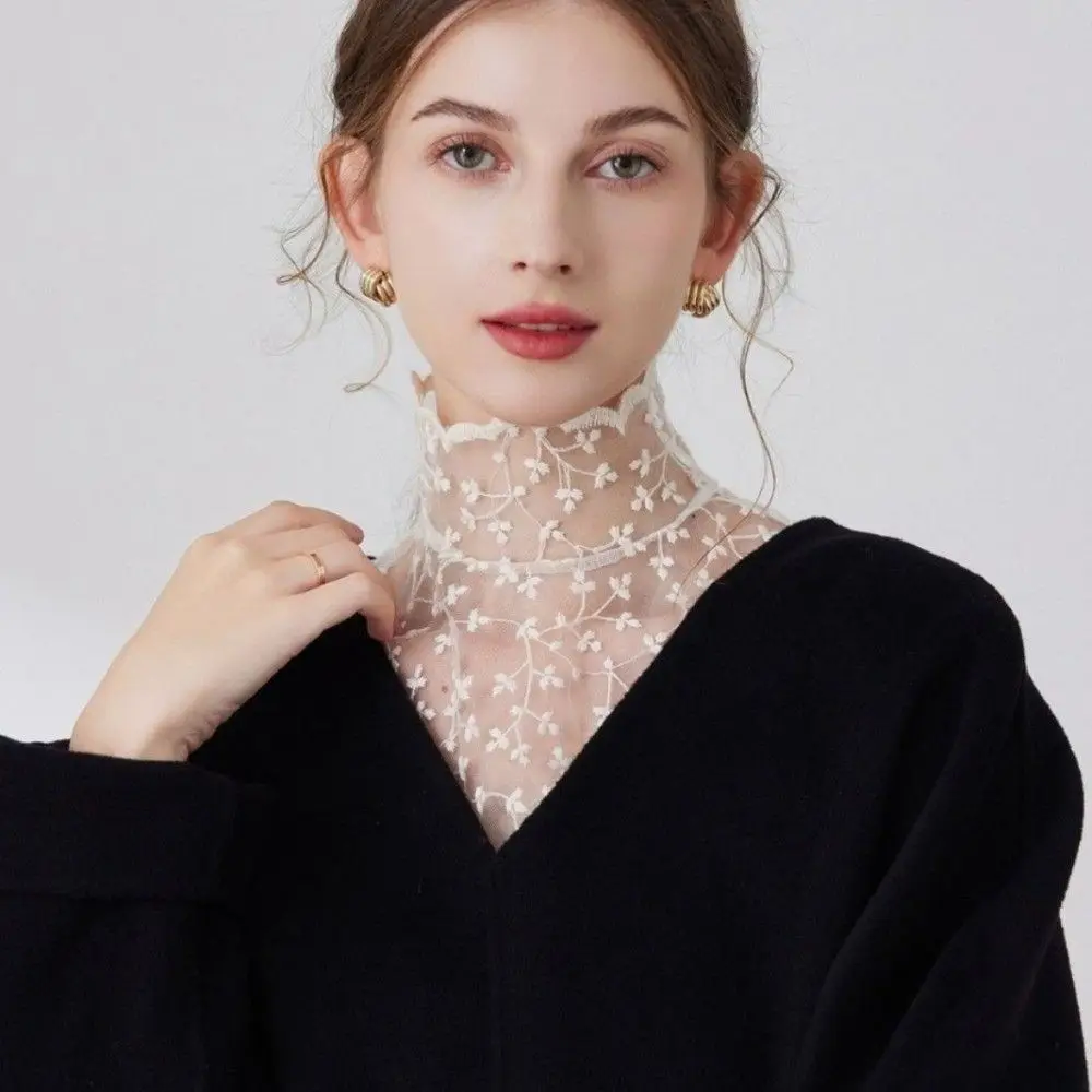 

Transparent Lace Fake False Collar Hollow Elegant Detachable High Collar Floral Embroidery Black and Apricot
