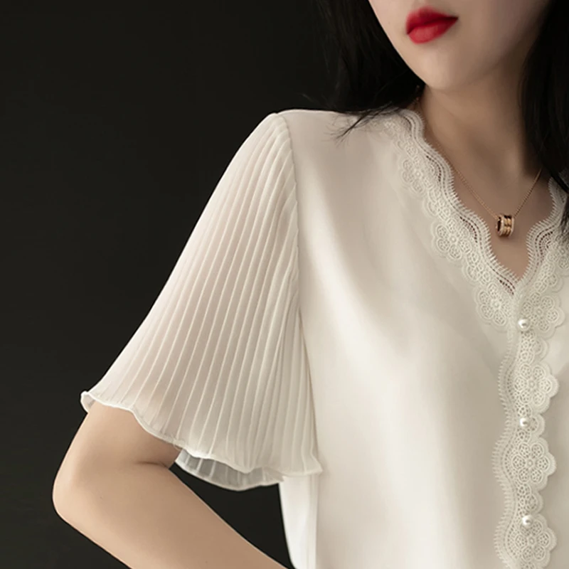 Women's Lace Crop Top V-Neck Short Sleeve Chiffon Shirt Belly Covering Design Sensation Summer White Korean Style Blouse