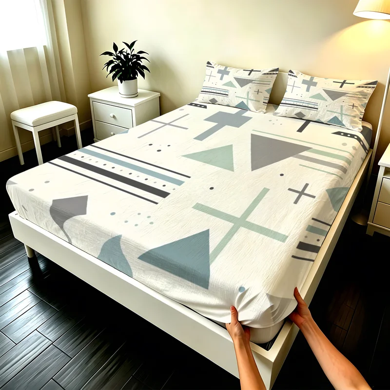 3Pcs Microfiber Fitted Sheet Set,Deep Pocket,Multi-Sizes,Durable,Abstract Geometric Print Design,Modern Bohemia Bedroom Decor