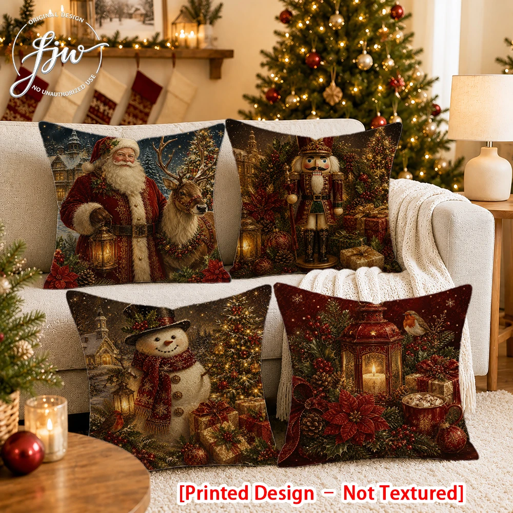 [Printed Design – Not Textured]-4pcs Christmas Vintage Holiday Throw Pillow Covers New Year party decoration cushion Cover