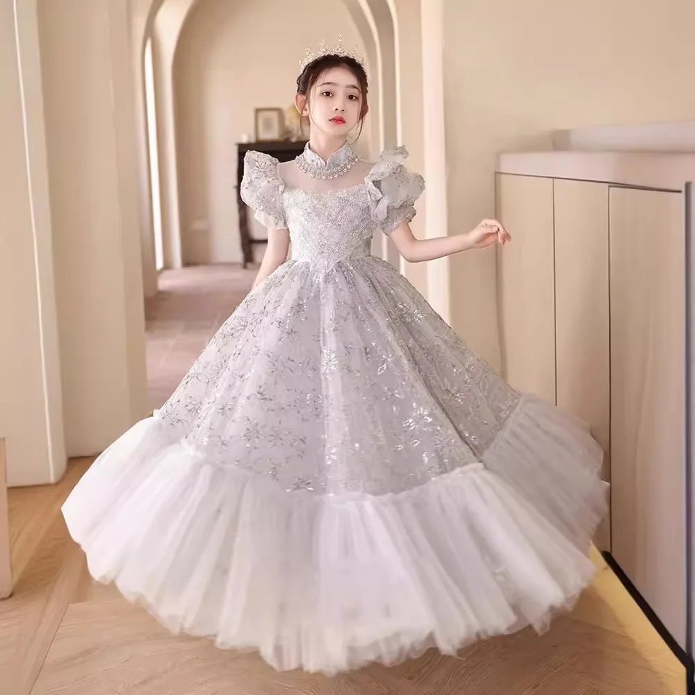 2024 Luxury Girl Children\'s Long Dress Elegant Noble Puff Sleeves Ball Gown for Children Kids Formal Evening Party Teen Costume