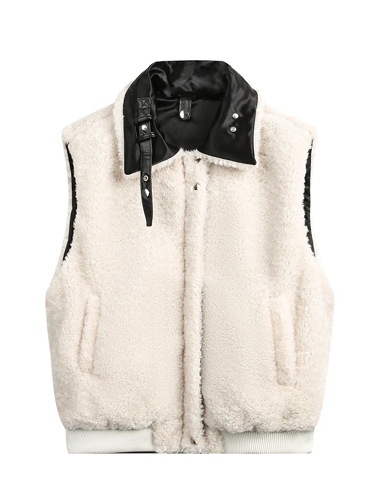 DEAT Fashion Womens Vest Lapel Loose Zipper Wearing On Two Sides Plush Thick Warm Waistcoat Winter 2024 New Tide CPG2204