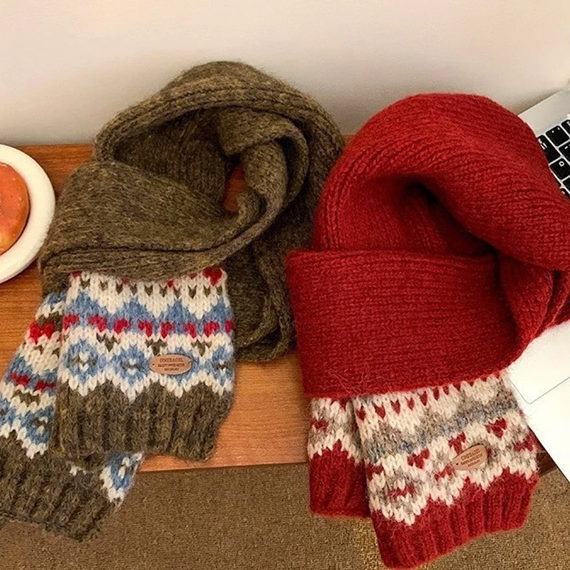 

Christmas Green Fel Island Jacquard Knitted Scarf for Women Male Autumn Winter New Warm Thickened Soft Knit Muffler Send Gift