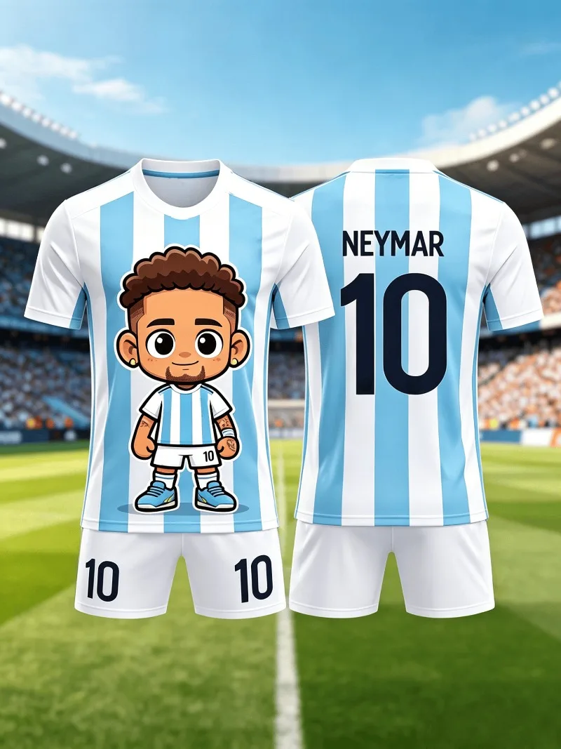 Summer Neymar # 10 Q-Edition Cute Edition Striped White Blue Striped Football Shirt Set Adult Children Fashion Outdoor Sports Se