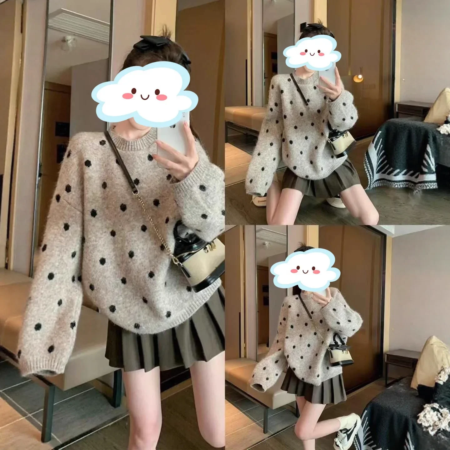 

Winter Style Loose Crew Neck Knitted Sweater Women's Autumn Winter Polka Dot Patterned Comfortable Versatile Outerwear Thickened
