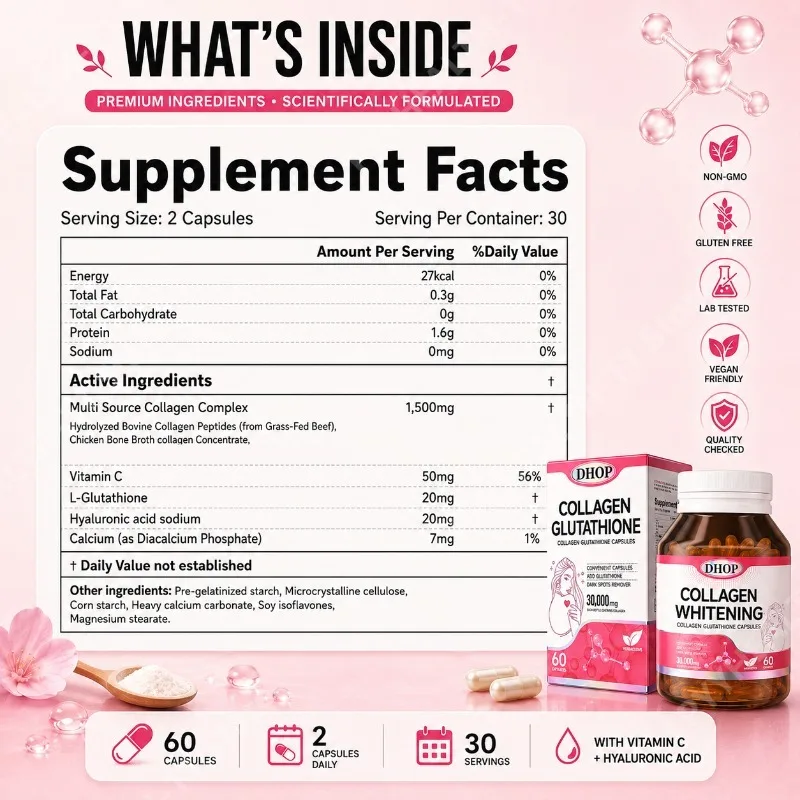 Collagen Peptides Capsules with L-Glutathione Vitamin C and Hyaluronic Acid Hair Skin Nails Support for Adults 60 Capsules