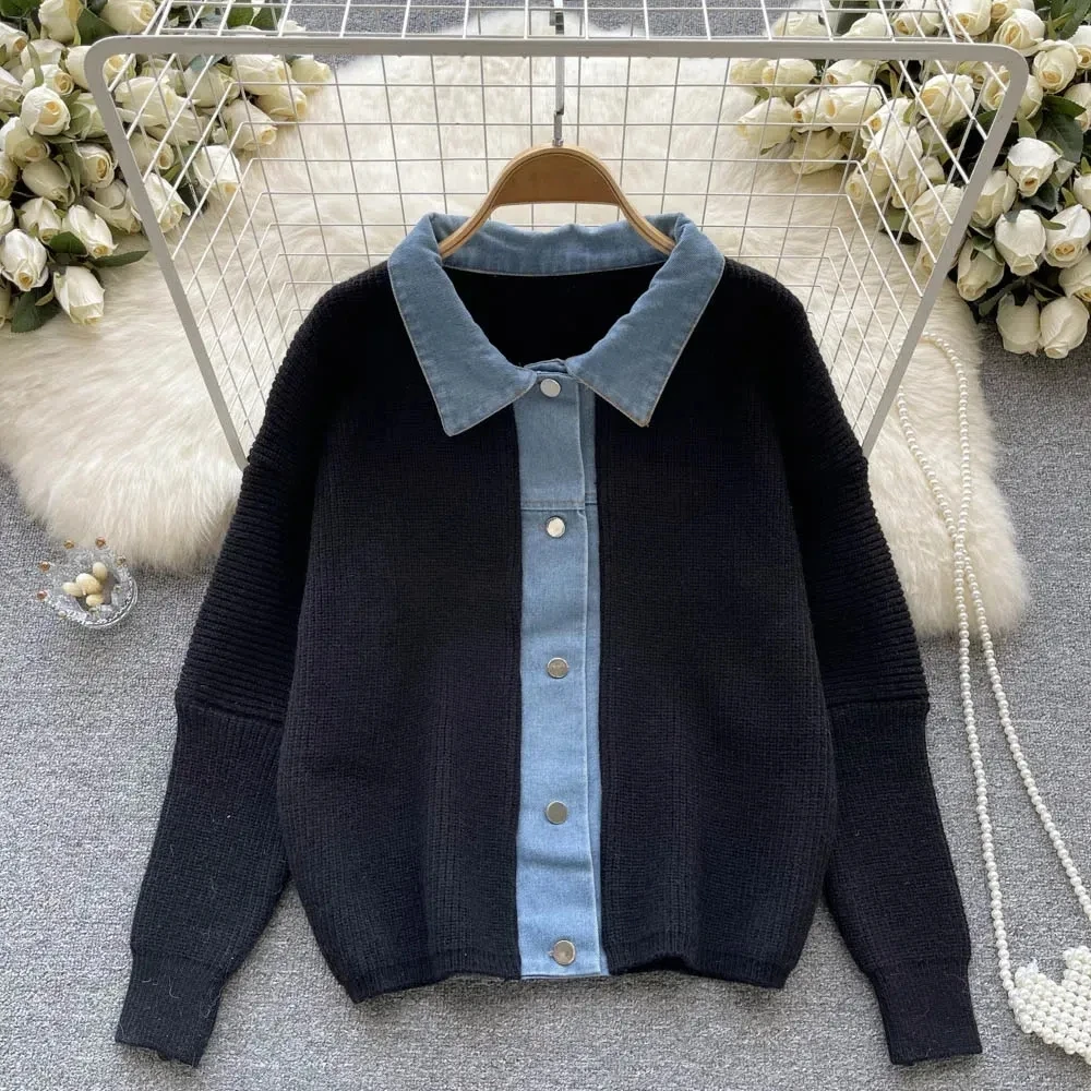 Women Casual Denim Spcling Knitted Jacket Fall Long Sleeve Single Breasted Warm Soft Sweater Cardigan High Quality Knitwear Coat