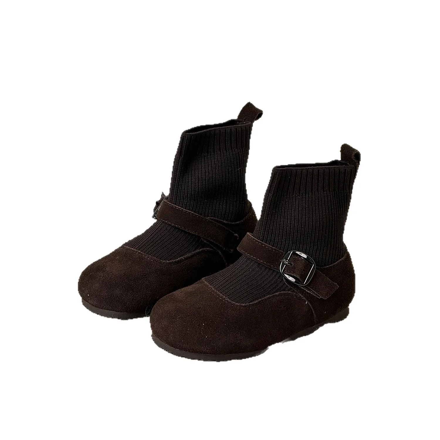 

Новинка 2025 года, зимние модные корейские ретро плюшевые теплые эластичные носки для девочек, ботинки принцессы для малышей, замшевые кожаные ботильоны